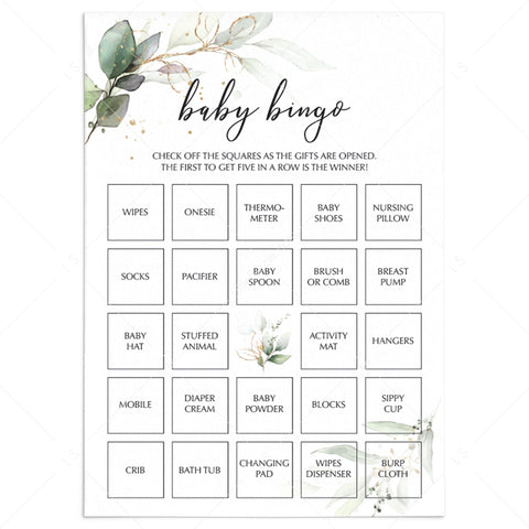 Baby Shower Bingo Cards Printable | Greenery and Gold Theme – LittleSizzle