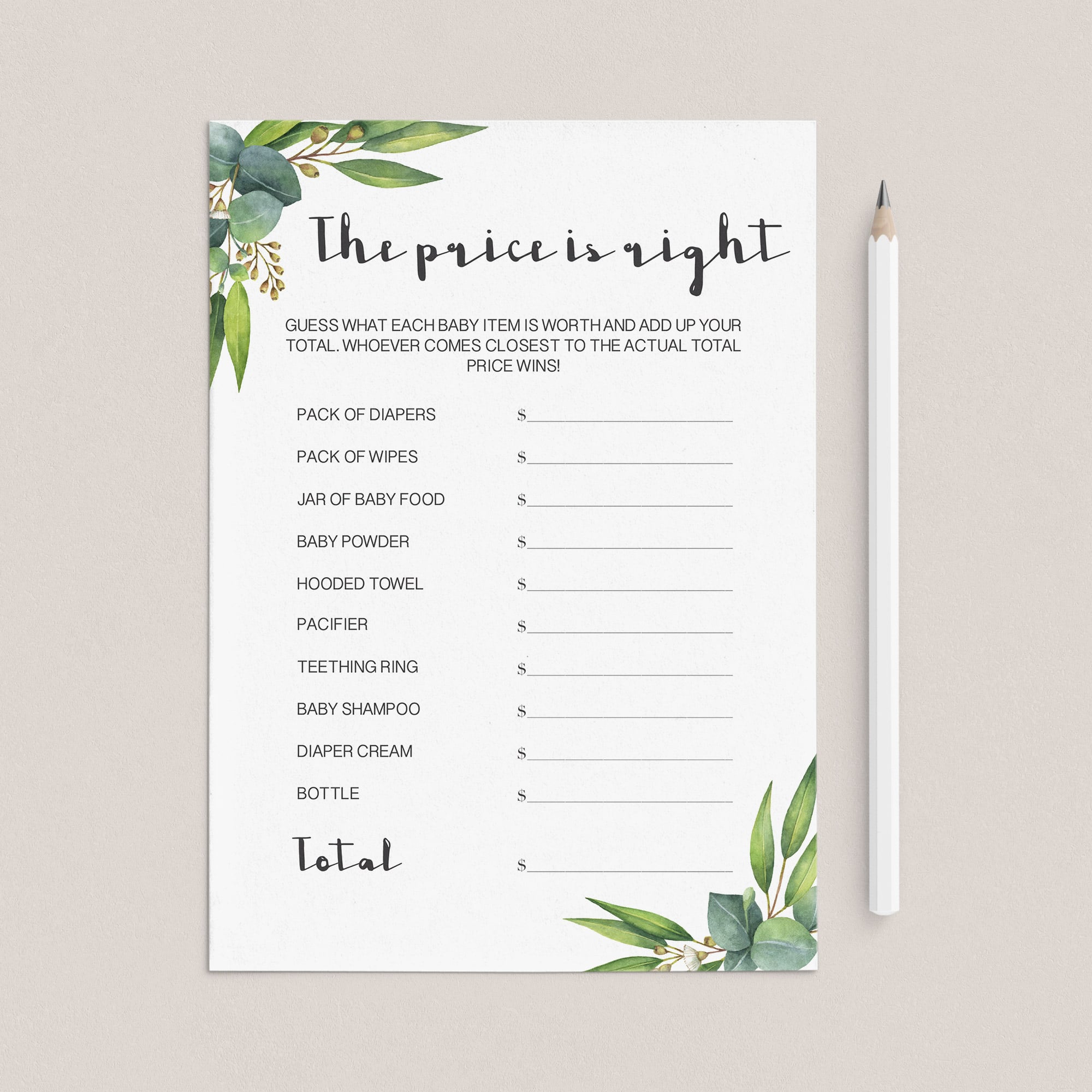 Eucalyptus baby shower game the price is right printable by LittleSizzle