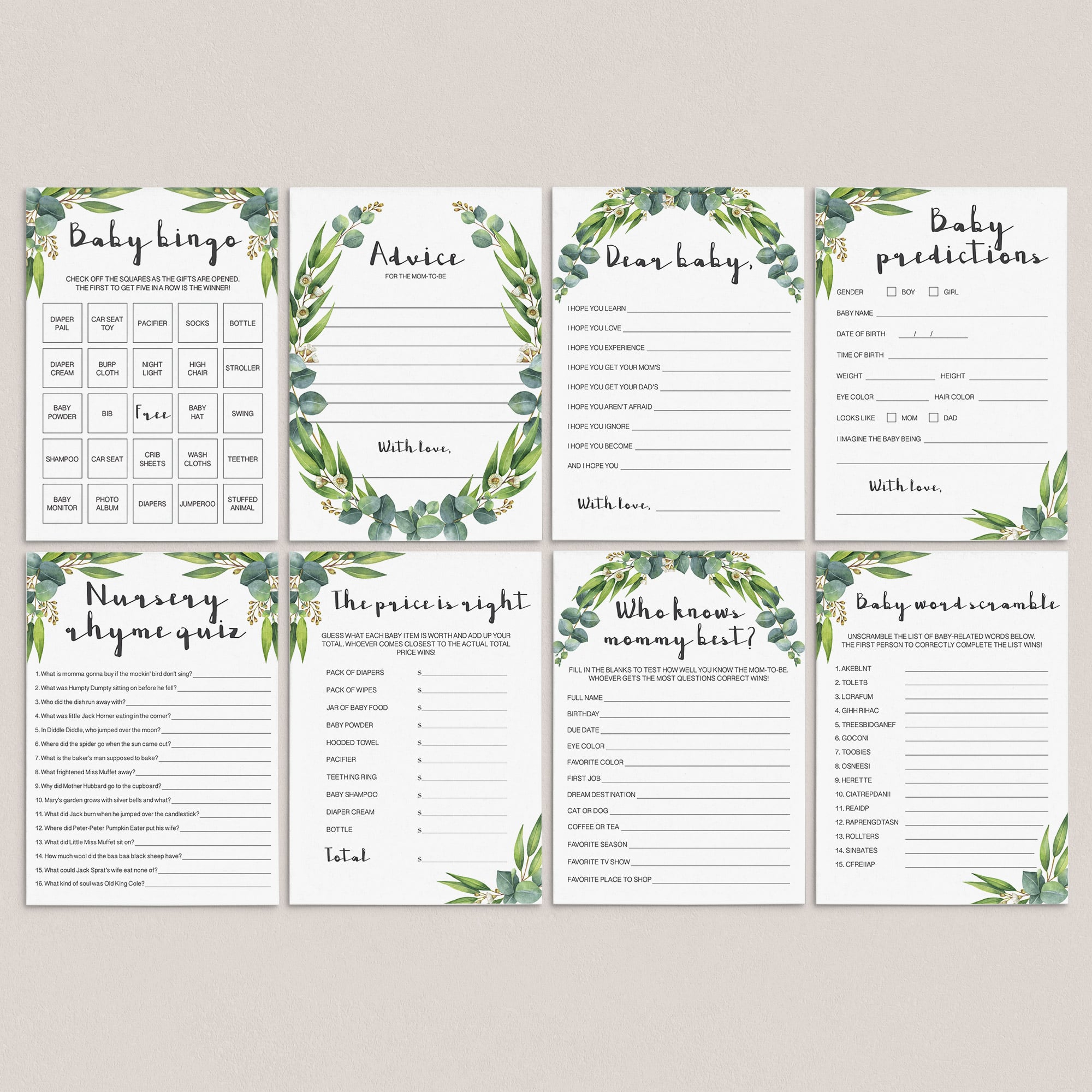Popular baby shower games printable green leaves by LittleSizzle