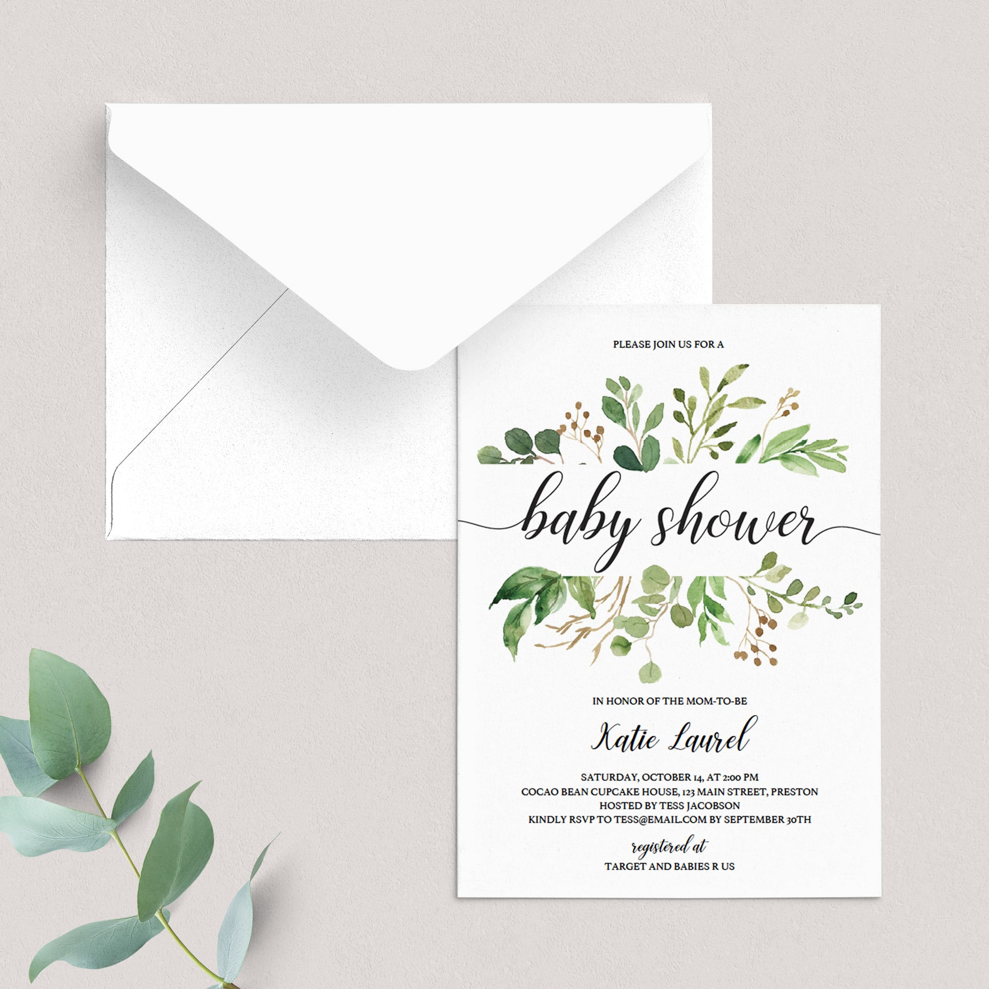 Greenery baby shower invite template by LittleSizzle