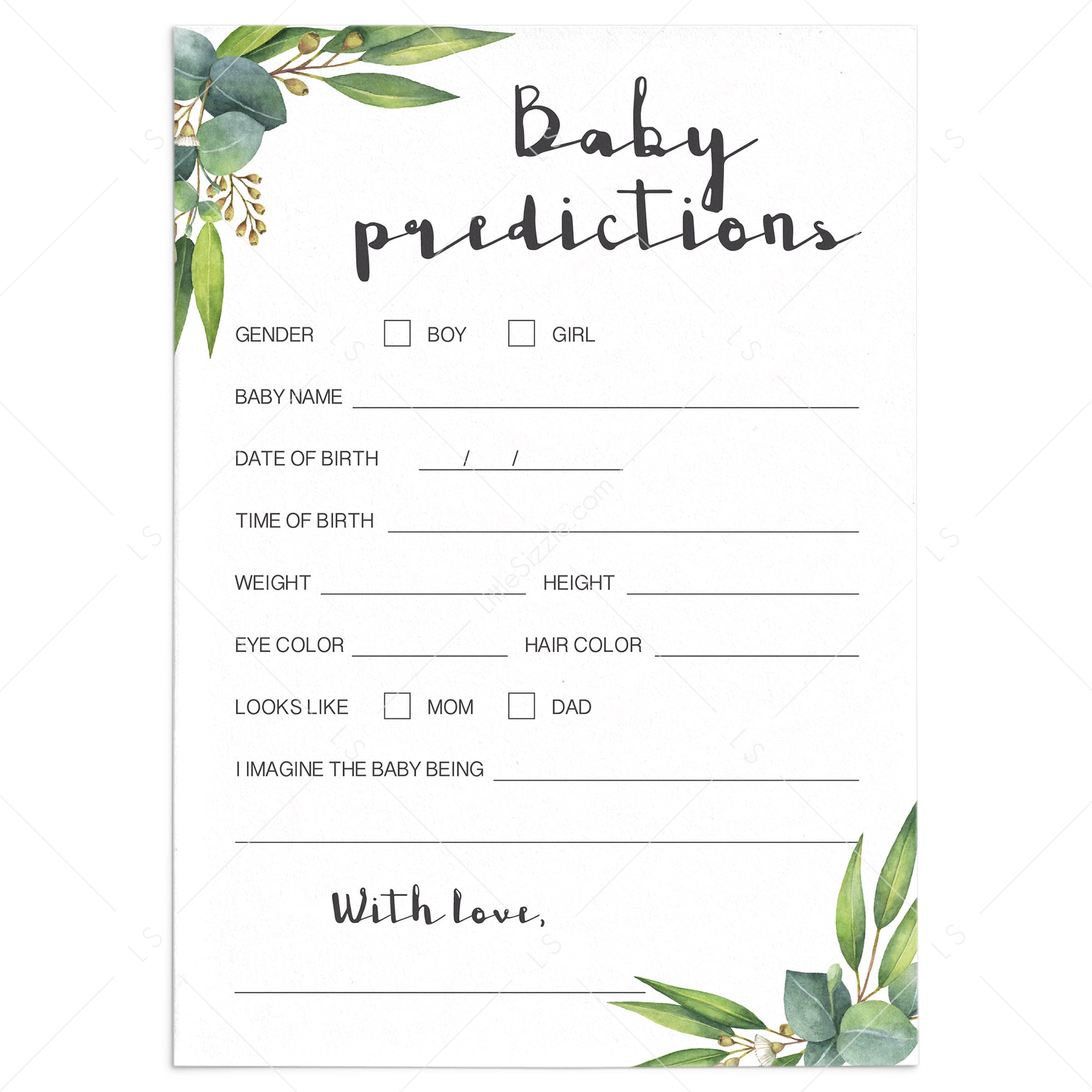 Watercolor leaves baby predictions game printable by LittleSizzle