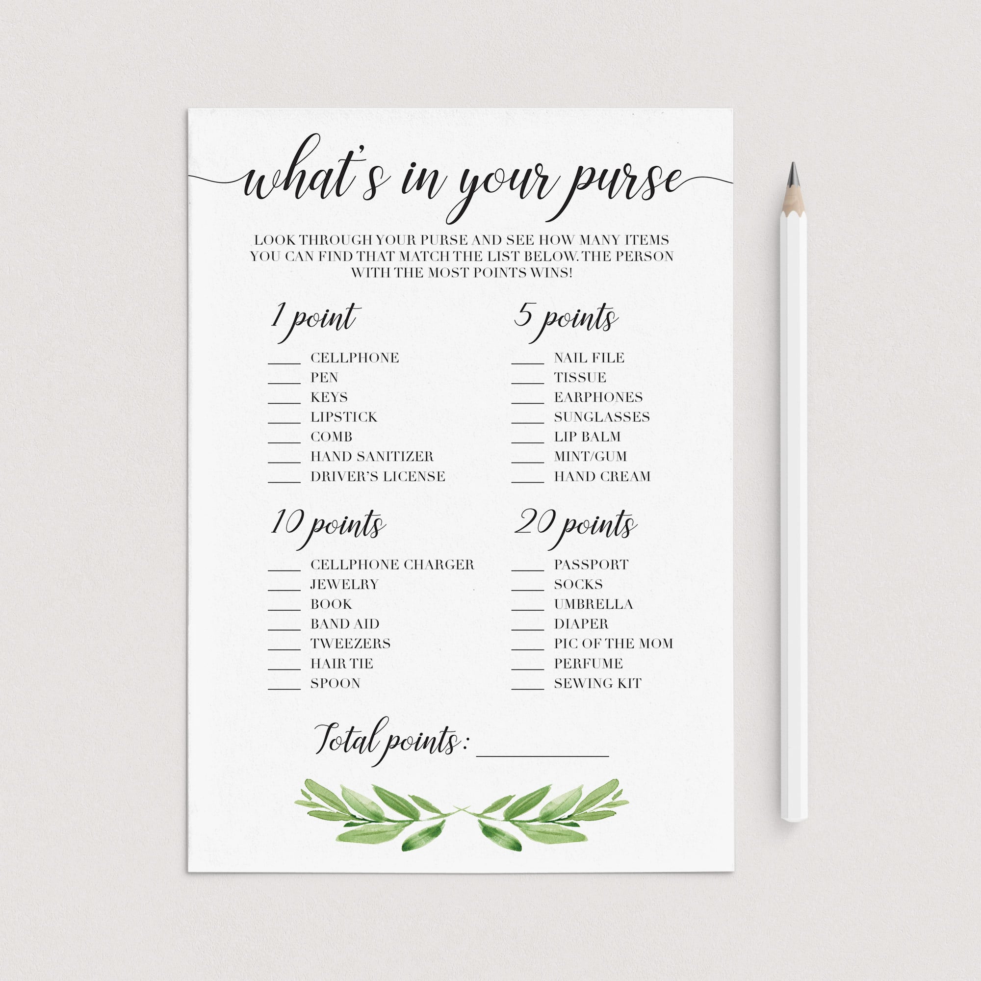 Green baby shower whats in your purse game card printable by LittleSizzle