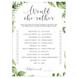 Watercolor leaves baby shower games would she rather printable by LittleSizzle