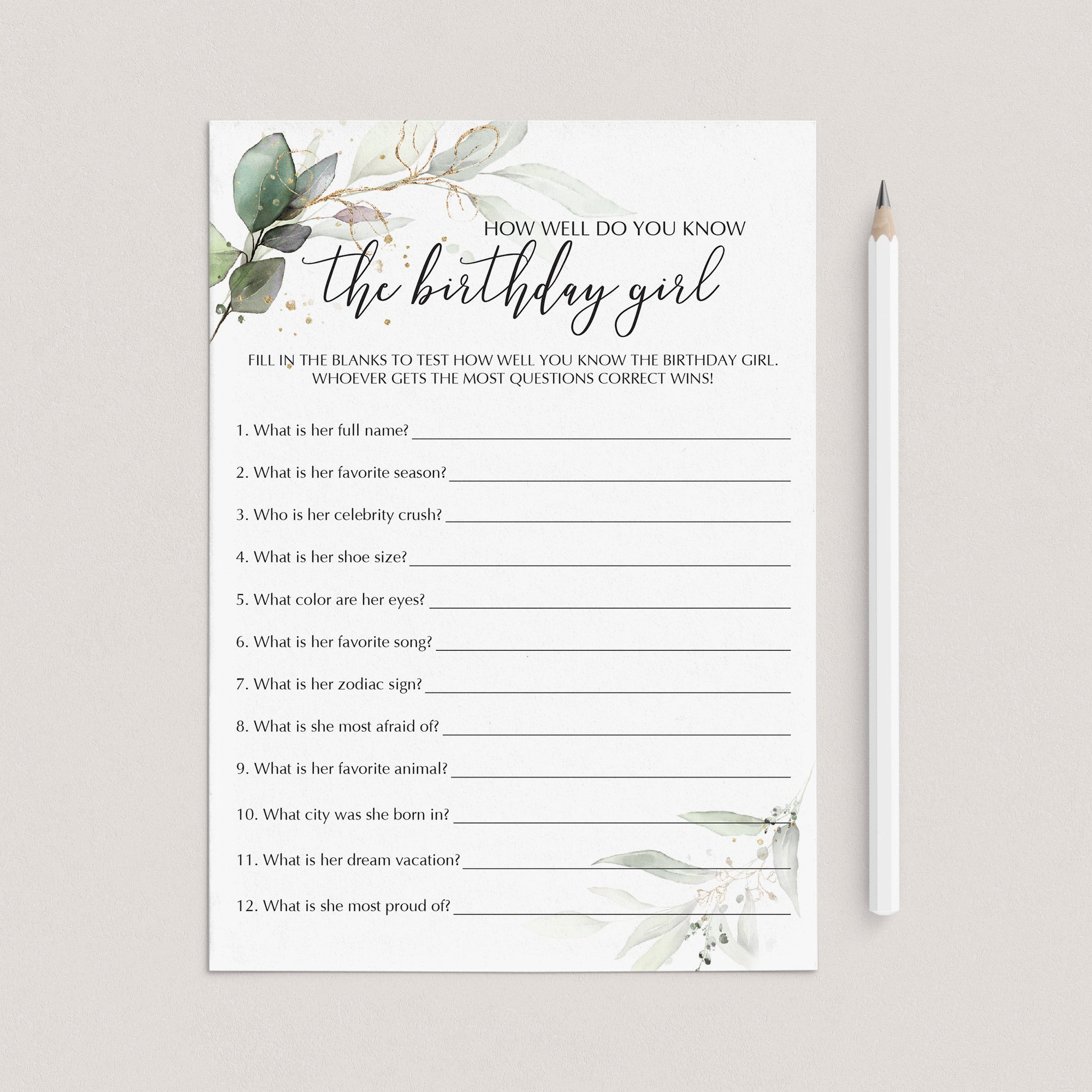 Greenery Birthday Trivia Quiz Printable by LittleSizzle