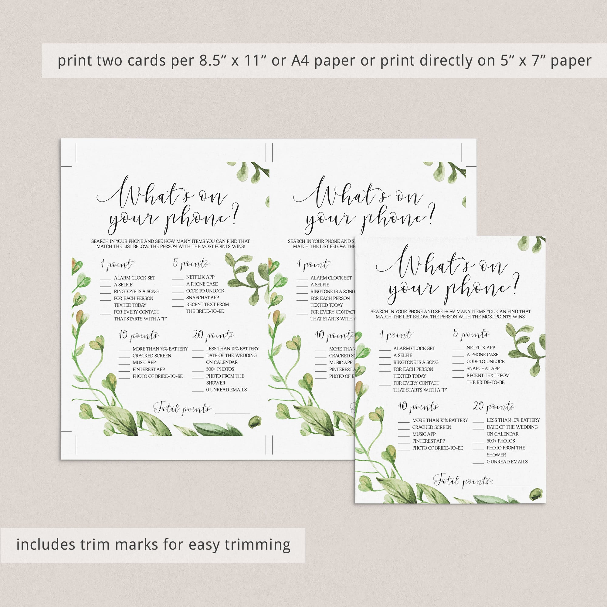 Watercolor greenery bridal shower games by LittleSizzle