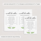 greenery wedding shower games printable templates