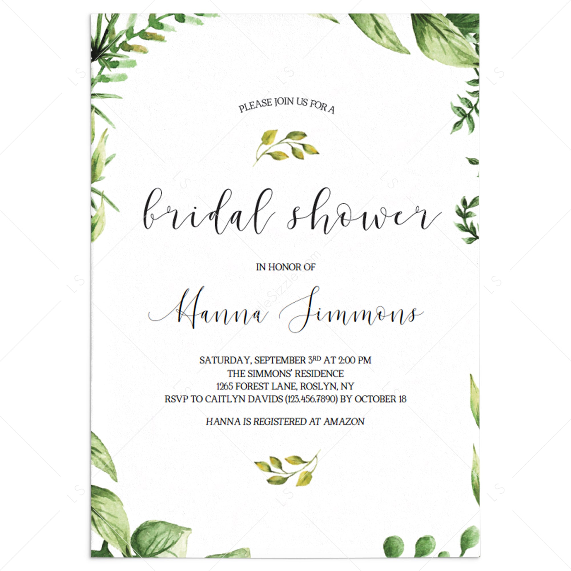 Greenery Bridal Shower Invitation Template Instant Download by LittleSizzle