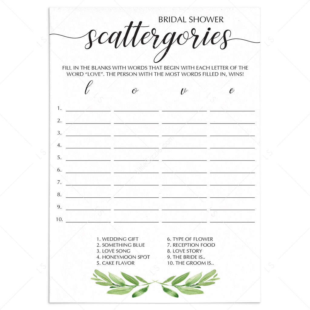 Greenery Scattergories Bridal Shower Game Printable | Instant download – LittleSizzle greenery-scattergories-bridal-shower-game-printable-instant-download-littlesizzle