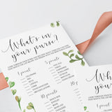 watercolour bridal shower whats in your purse game printable