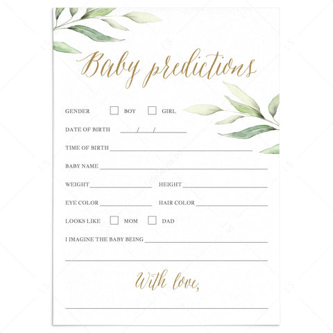 Botanical Leaves Baby Prediction card DIY printable | Instant download ...