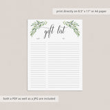 Greenery Guest & Gift List Instant Download