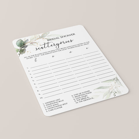 Bridal Scattergories Game Greenery and Gold Printable | Instant ...