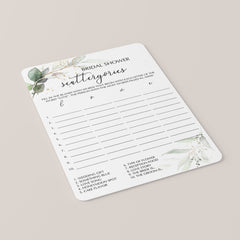 Bridal Scattergories Game Greenery and Gold Printable
