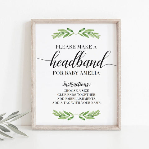 Greenery Headband Station printable instructions sign for baby girl ...