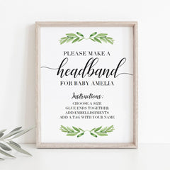 Greenery Headband Station Printable Instructions Sign