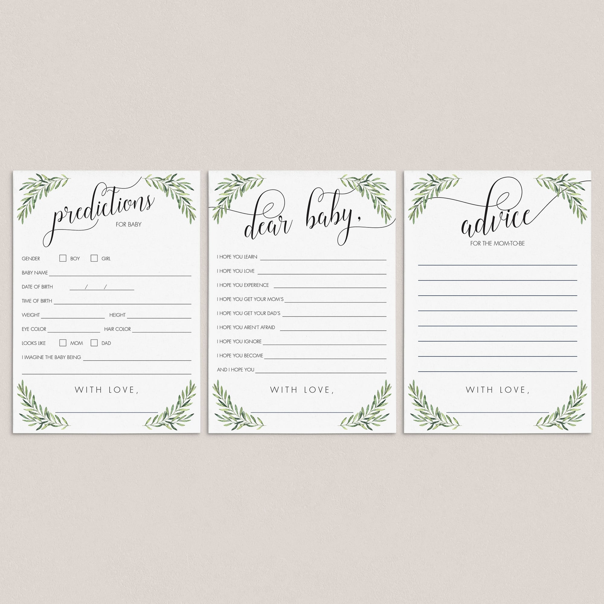 Watercolor Greenery Baby Shower Games Bundle Instant Download by LittleSizzle