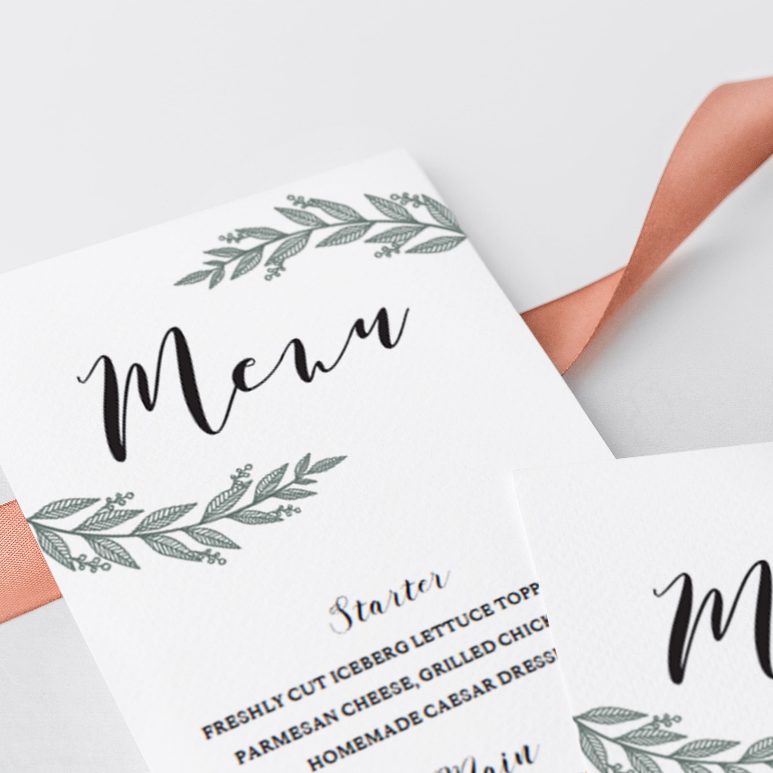 Green leaves menu cards download editable PDF by LittleSizzle