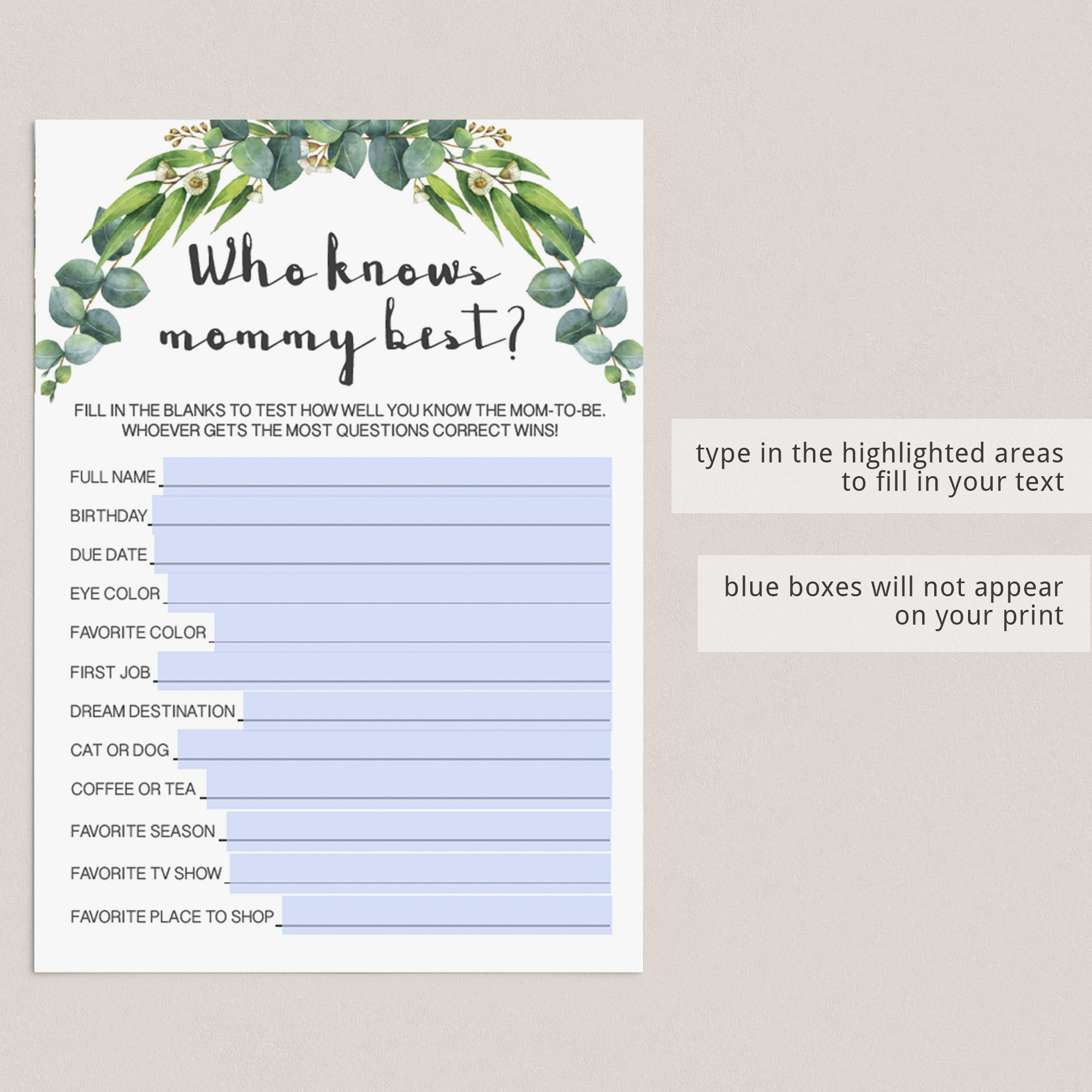 Greenery mommy trivia for virtual baby shower by LittleSizzle