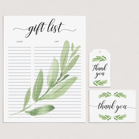 Printable Party Supplies | Greenery | Gift Planner, Favor Tag, Thank ...