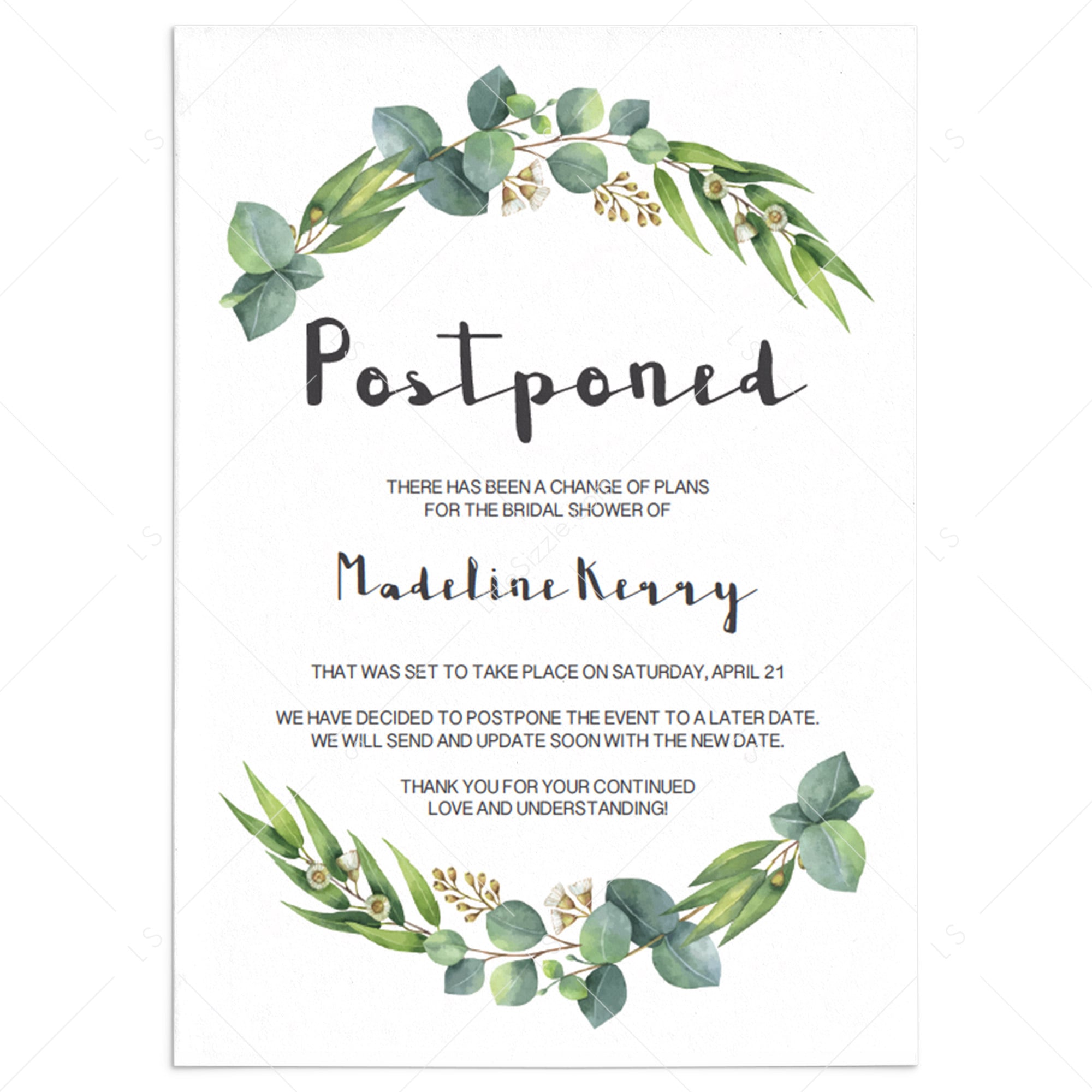 Postponed Wedding Shower Announcement Template Greenery by LittleSizzle