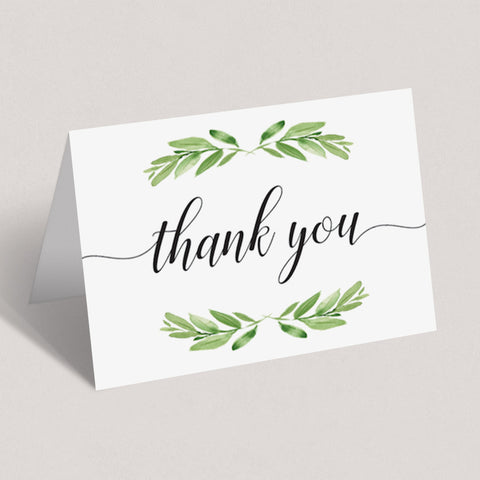 Printable Thank You Card with Watercolor Green Leaves | Instant ...