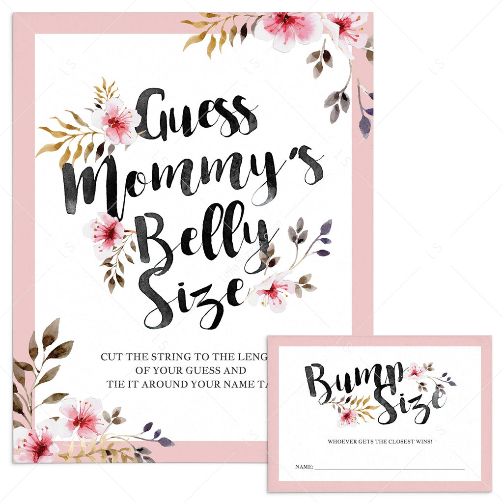 Guess Mommy's Belly Size baby shower game with blush flowers