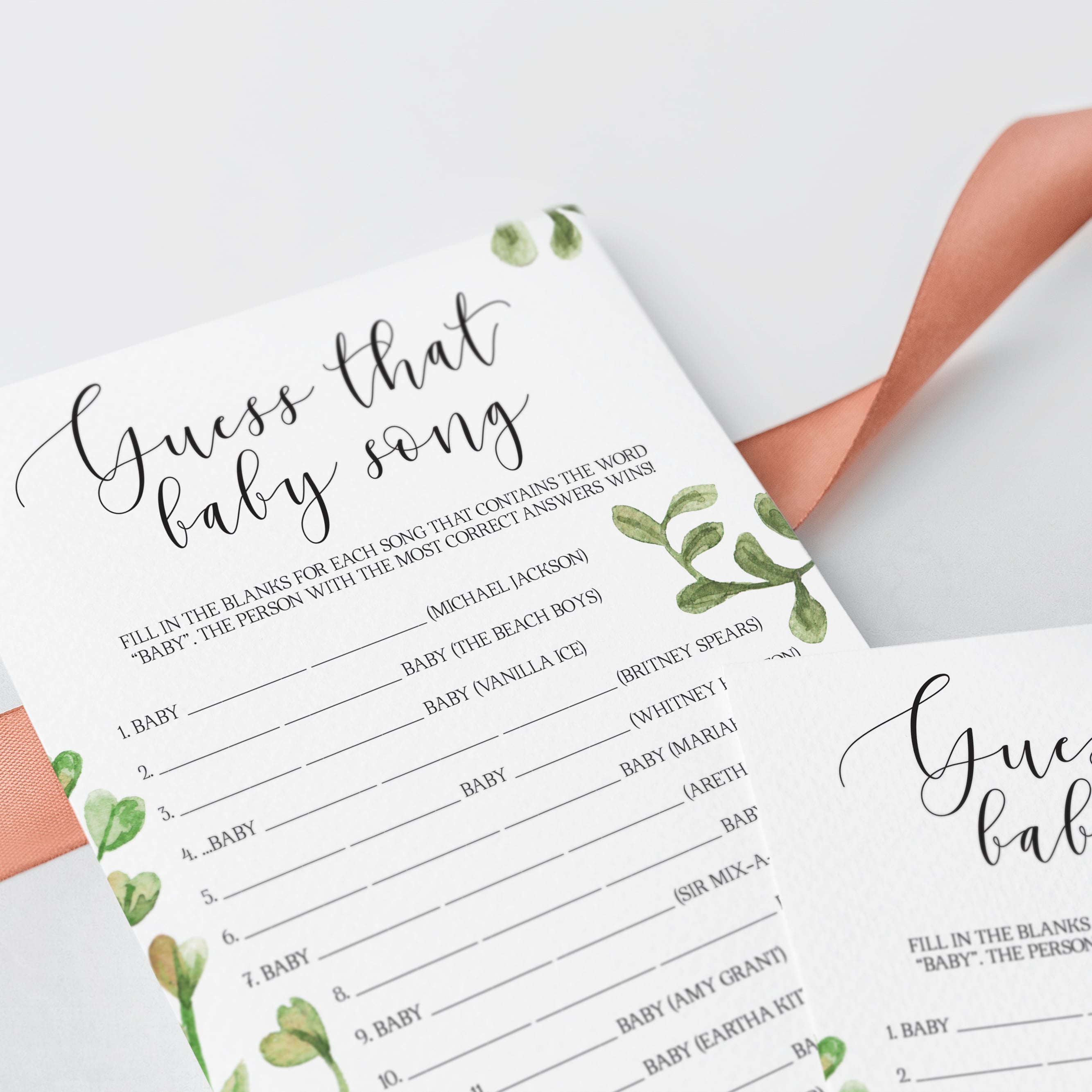 Watercolor green leaves baby shower games printable by LittleSizzle