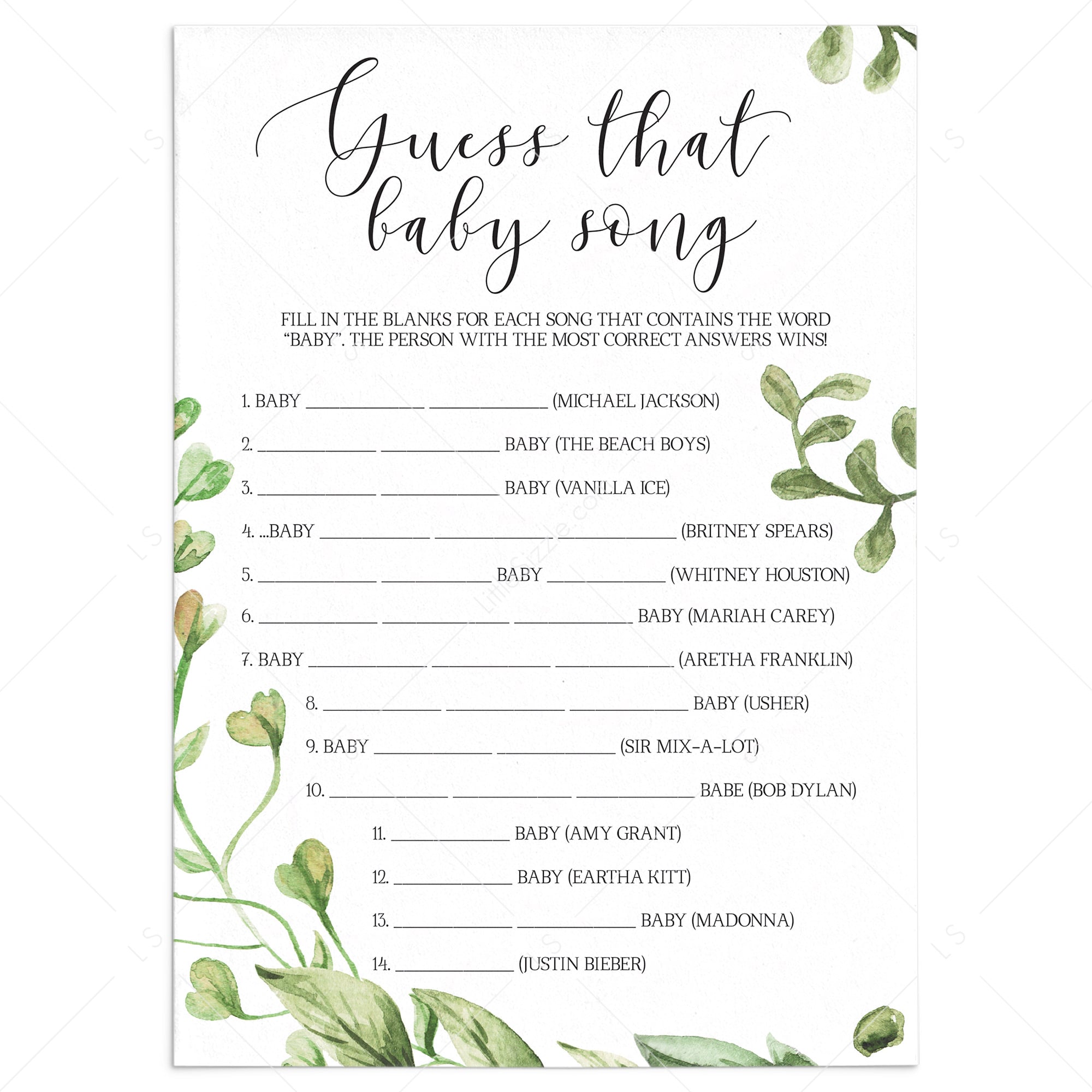 Guess the baby song baby shower game green leaves by LittleSizzle