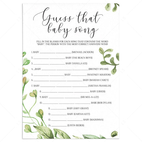 Guess That Song baby shower game with green leaves printable | Instant ...