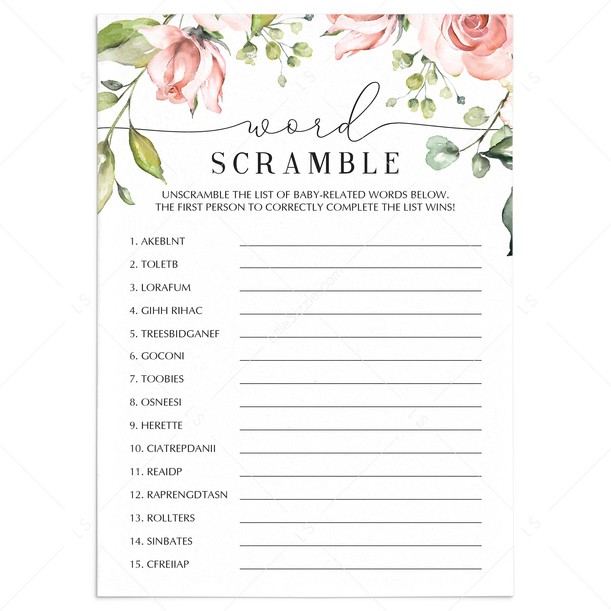 Printable baby shower game word scramble garden theme by LittleSizzle