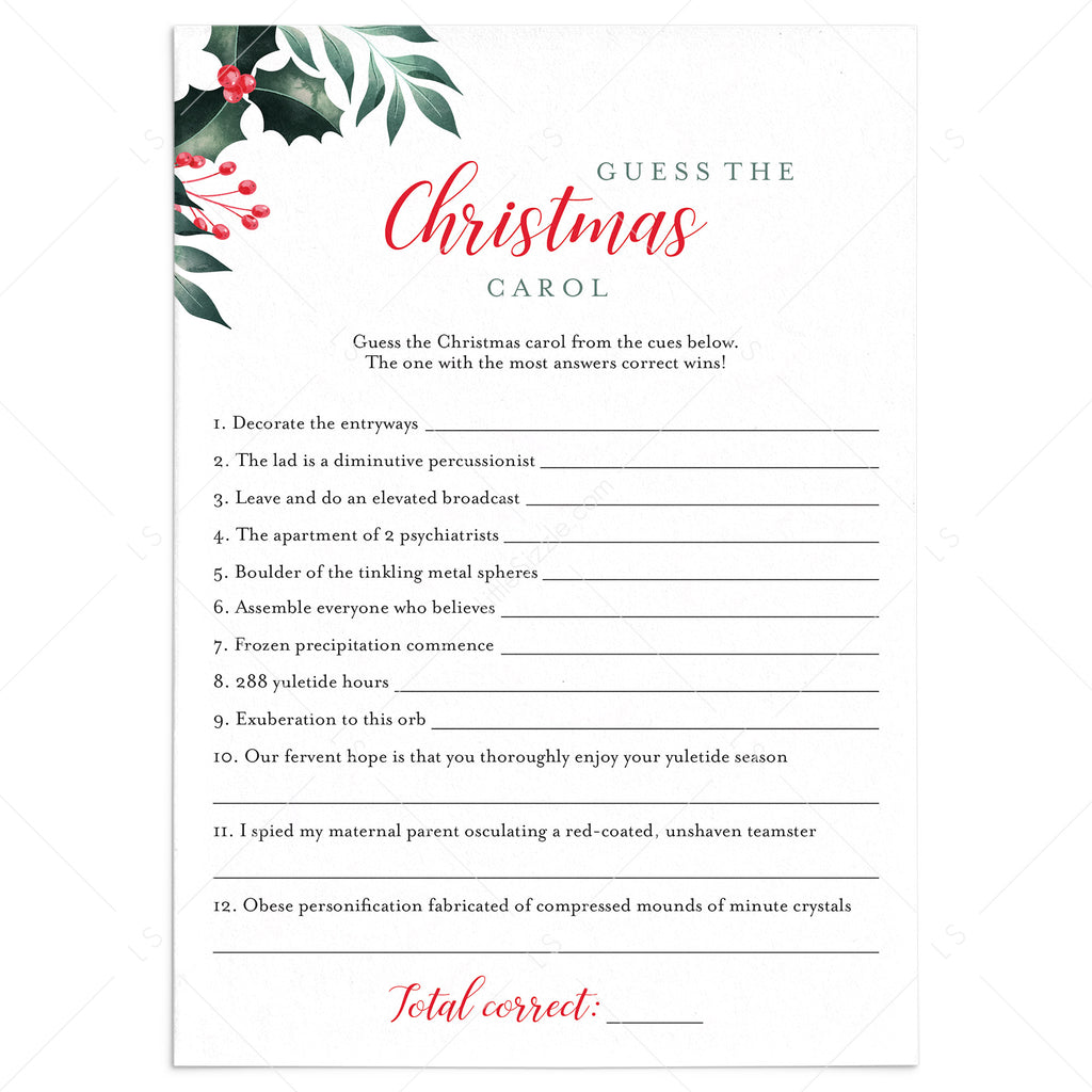 Printable Christmas Songs Game with Answers | Instant Download ...