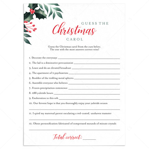 Printable Christmas Songs Game with Answers | Instant Download ...
