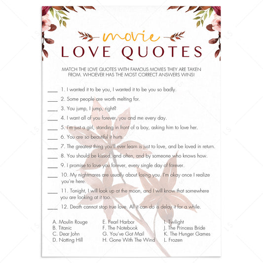 Fall Wedding Shower Game Movie Love Quotes Match by LittleSizzle