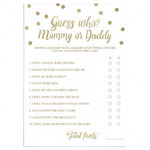 Gold Baby Shower game template Guess Who Mommy or Daddy | Instant ...