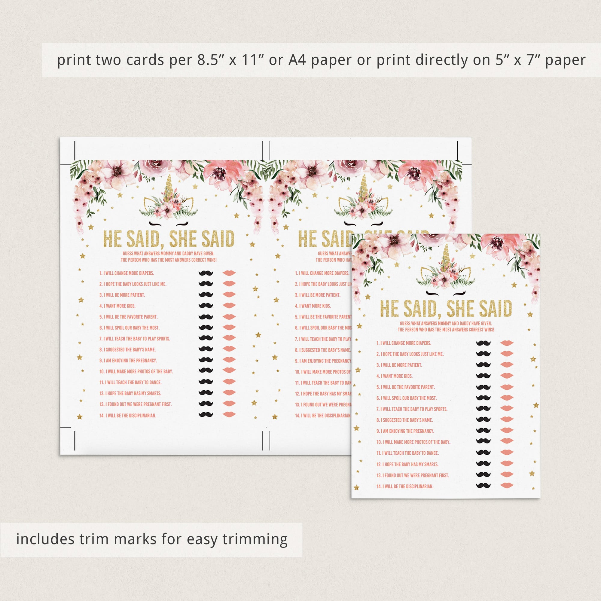 Gold he said she said baby shower party game card download by LittleSizzle