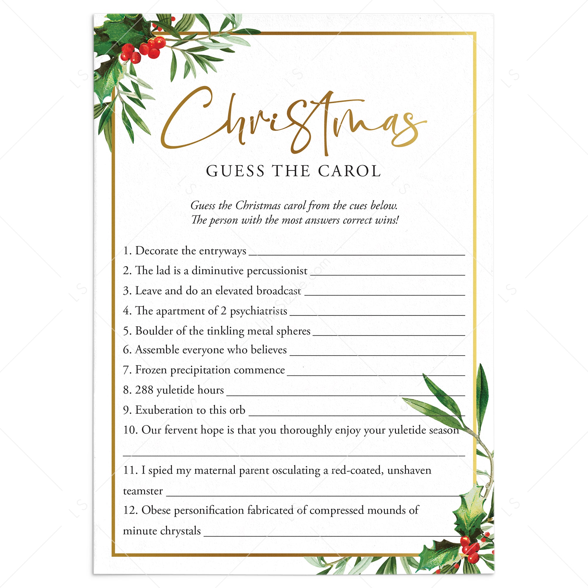 Christmas Song Riddles Quiz With Answers Printable by LittleSizzle
