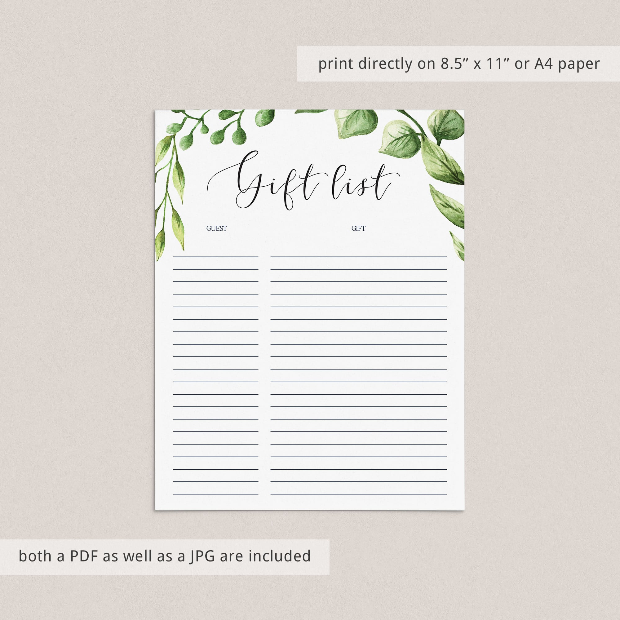 Instant download wedding gift list with greenery leaves by LittleSizzle