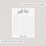 Minimal Black and White Gift List Printable by LittleSizzle