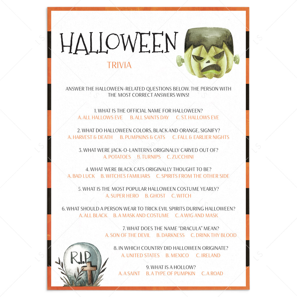 Halloween Quiz for Work Printable Answer Key Included Download
