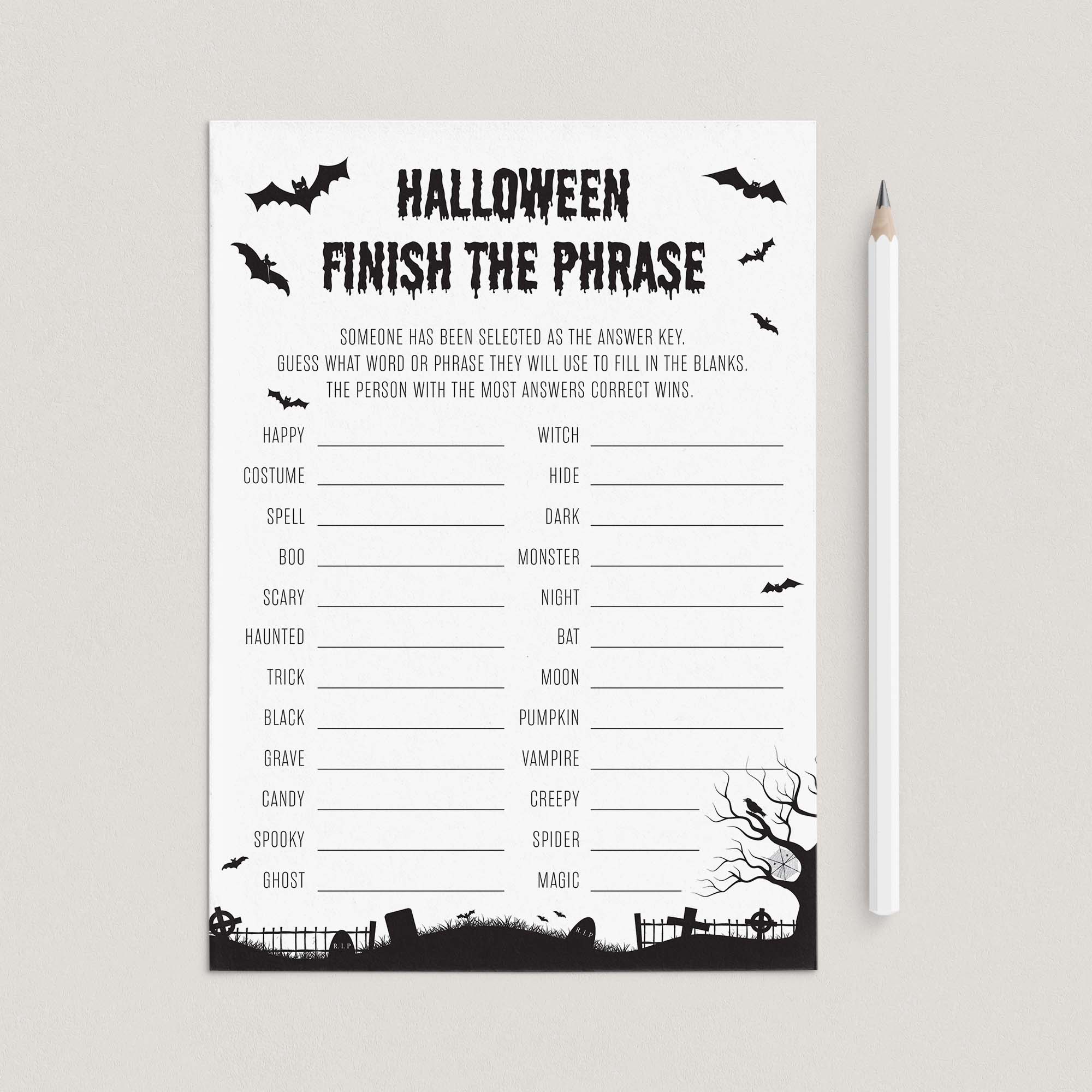 Black and White Halloween Party Game for Groups Printable Finish The Phrase by LittleSizzle