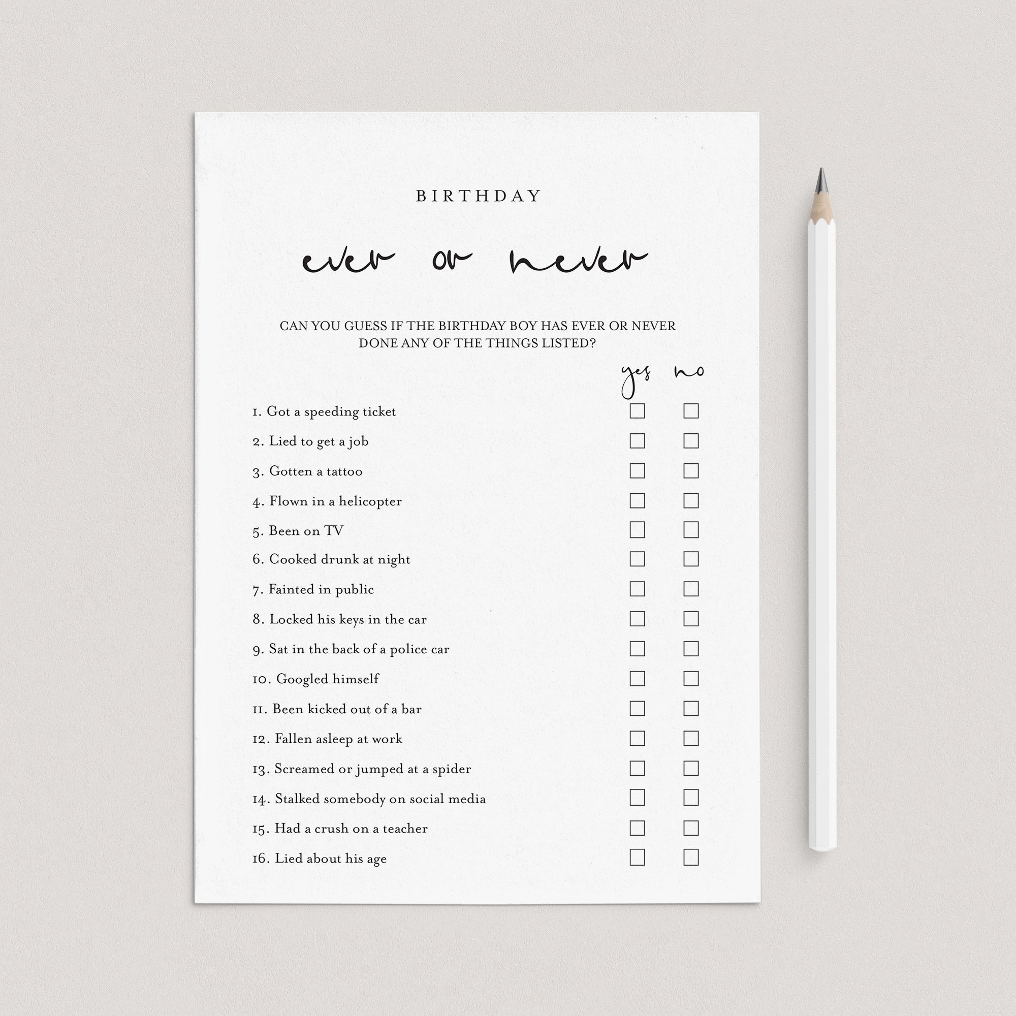 Adult Birthday Game for Him Ever or Never Printable by LittleSizzle
