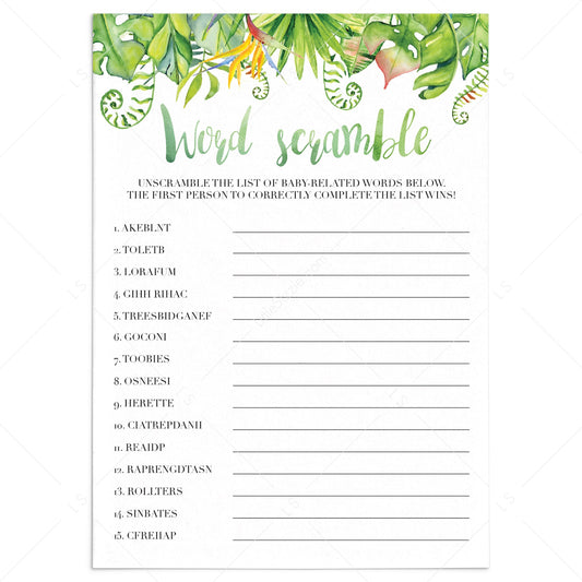 Tropical flora baby shower game Word Scramble by LittleSizzle