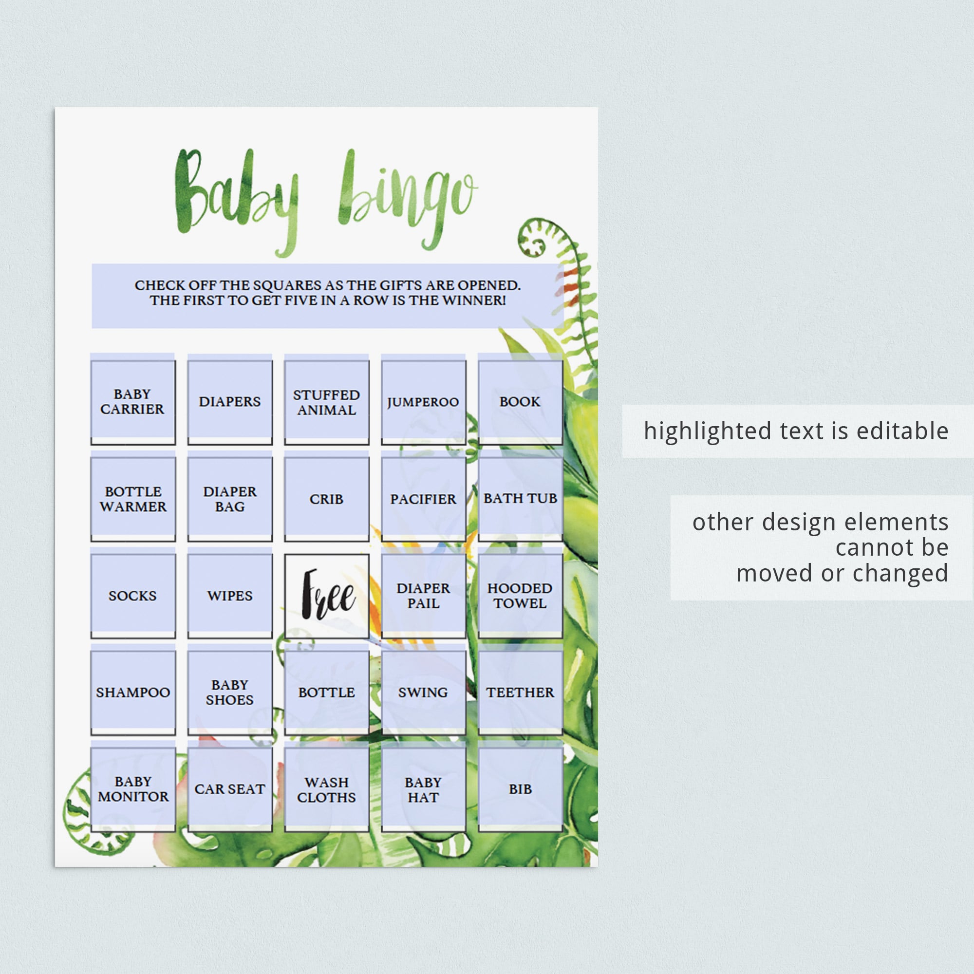 Editable baby bingo cards template by LittleSizzle