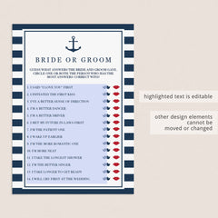 Navy Bridal Shower Bride or Groom Game Template