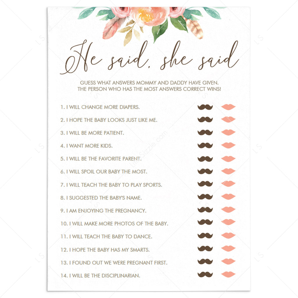 Printable He Said She Said game for baby shower | Instant download – LittleSizzle printable-he-said-she-said-game-for-baby-shower-instant-download-littlesizzle