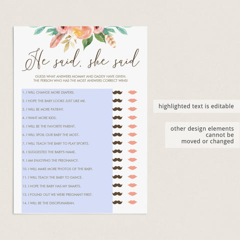 Printable He Said She Said game for baby shower | Instant download ...