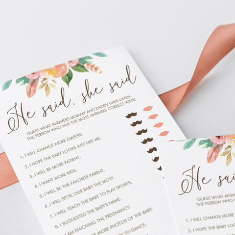 Printable He Said She Said game for baby shower | Instant download ...