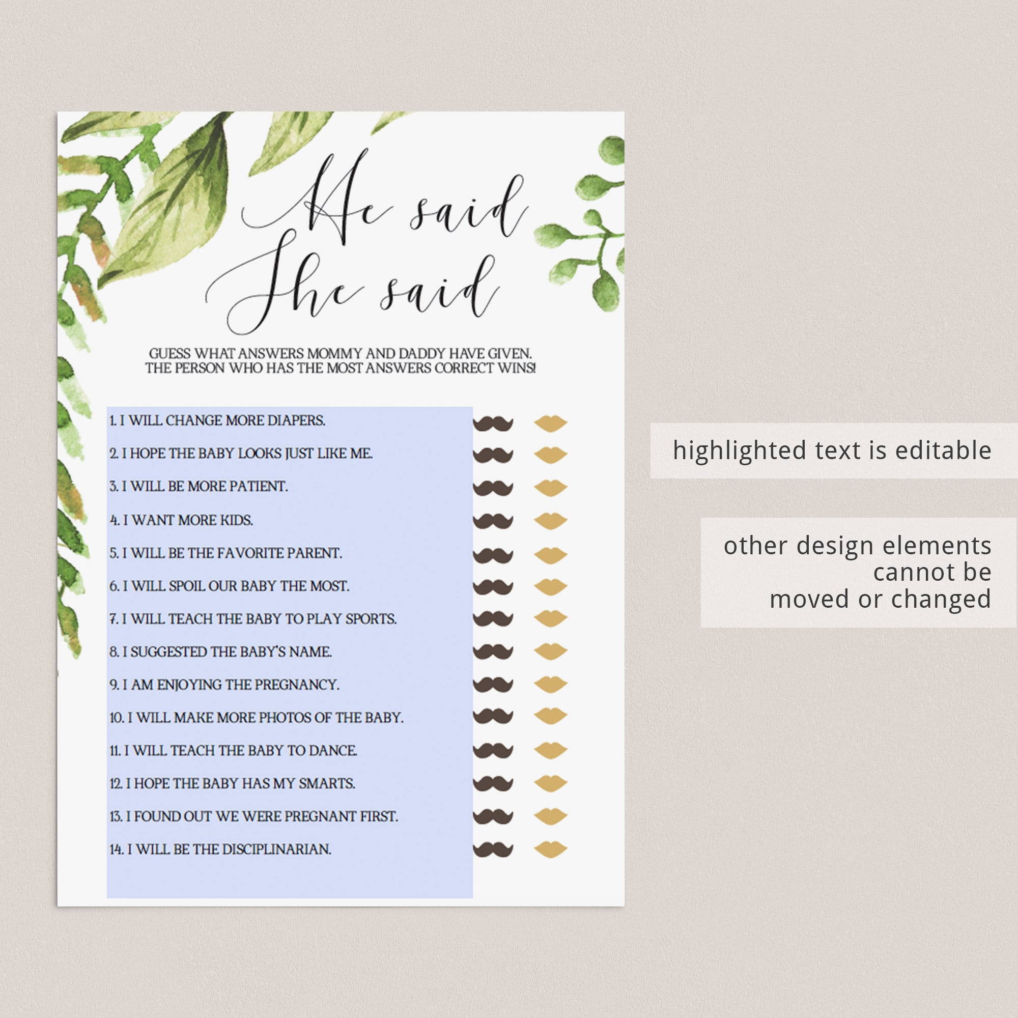 Did he say it or did she say it baby shower game card printable by LittleSizzle