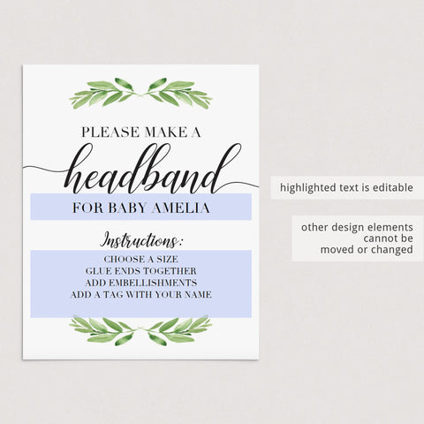 Greenery Headband Station printable instructions sign for baby girl ...