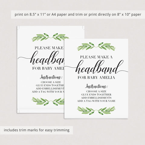 Greenery Headband Station printable instructions sign for baby girl ...